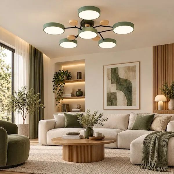 salon avec plafond en bois et couleurs claires