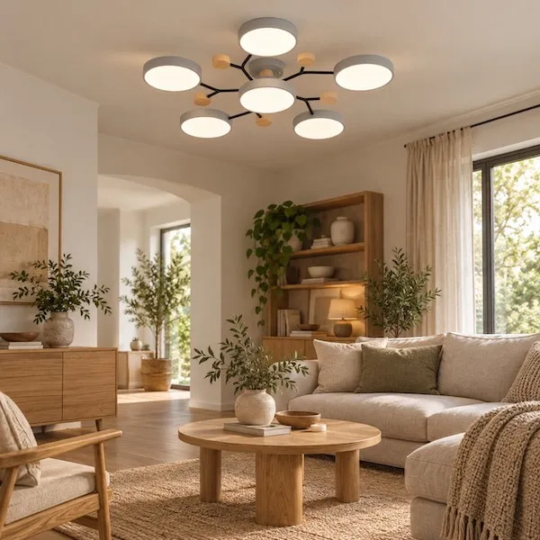 plafond en bois, éclairage, salon, textiles