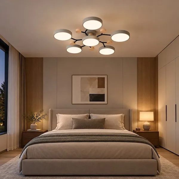 plafond en métal, éclairage, chambre moderne