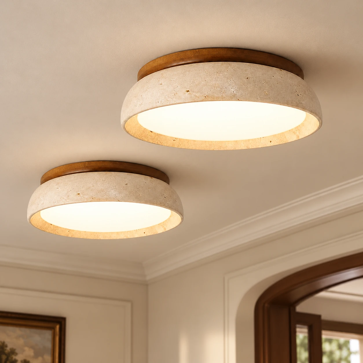 Two lit Dominic travertine flush mounts on a pale ceiling beside a wood doorway
