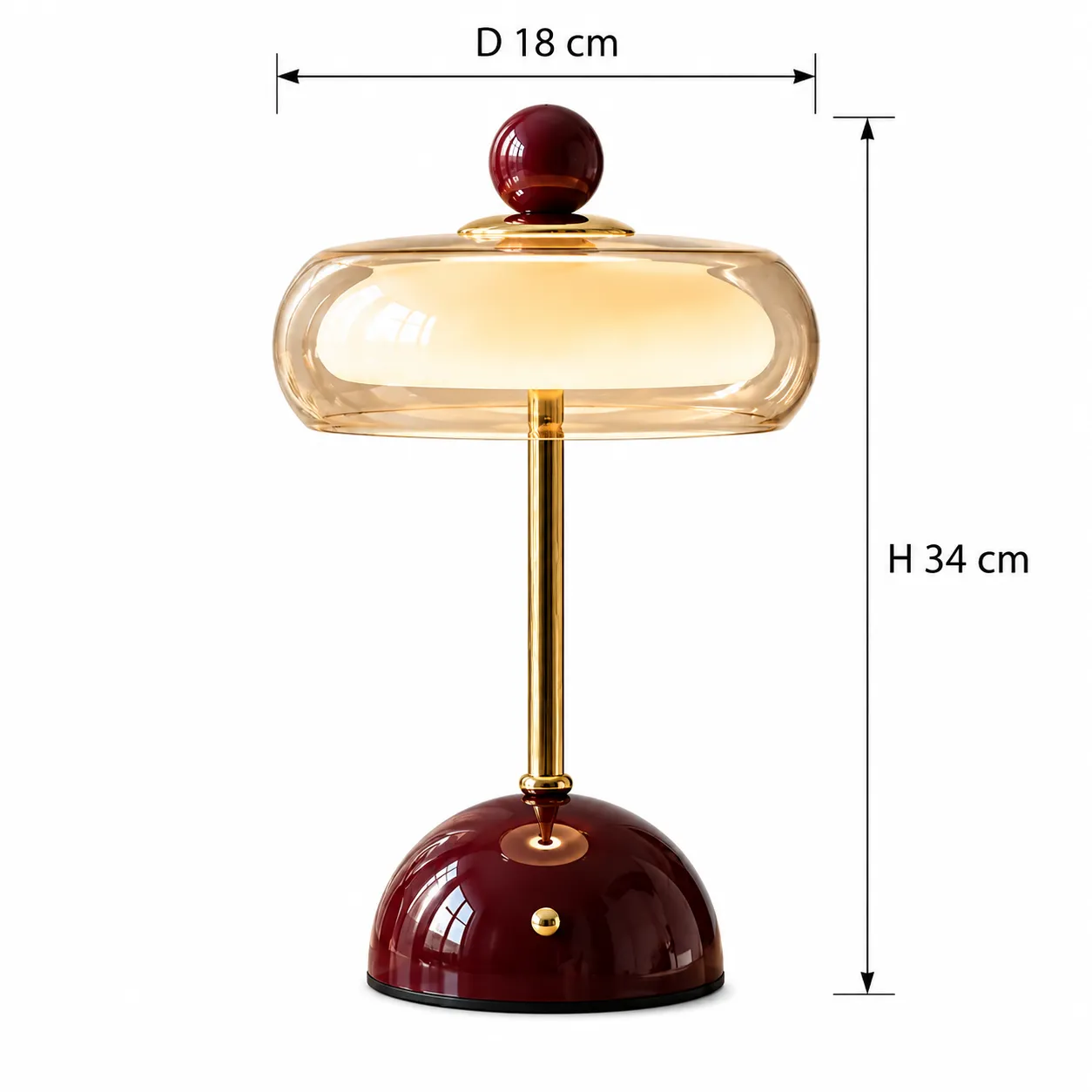Guide des dimensions pour la lampe de table Avery indiquant un diamètre de 18 cm et une hauteur de 34 cm.