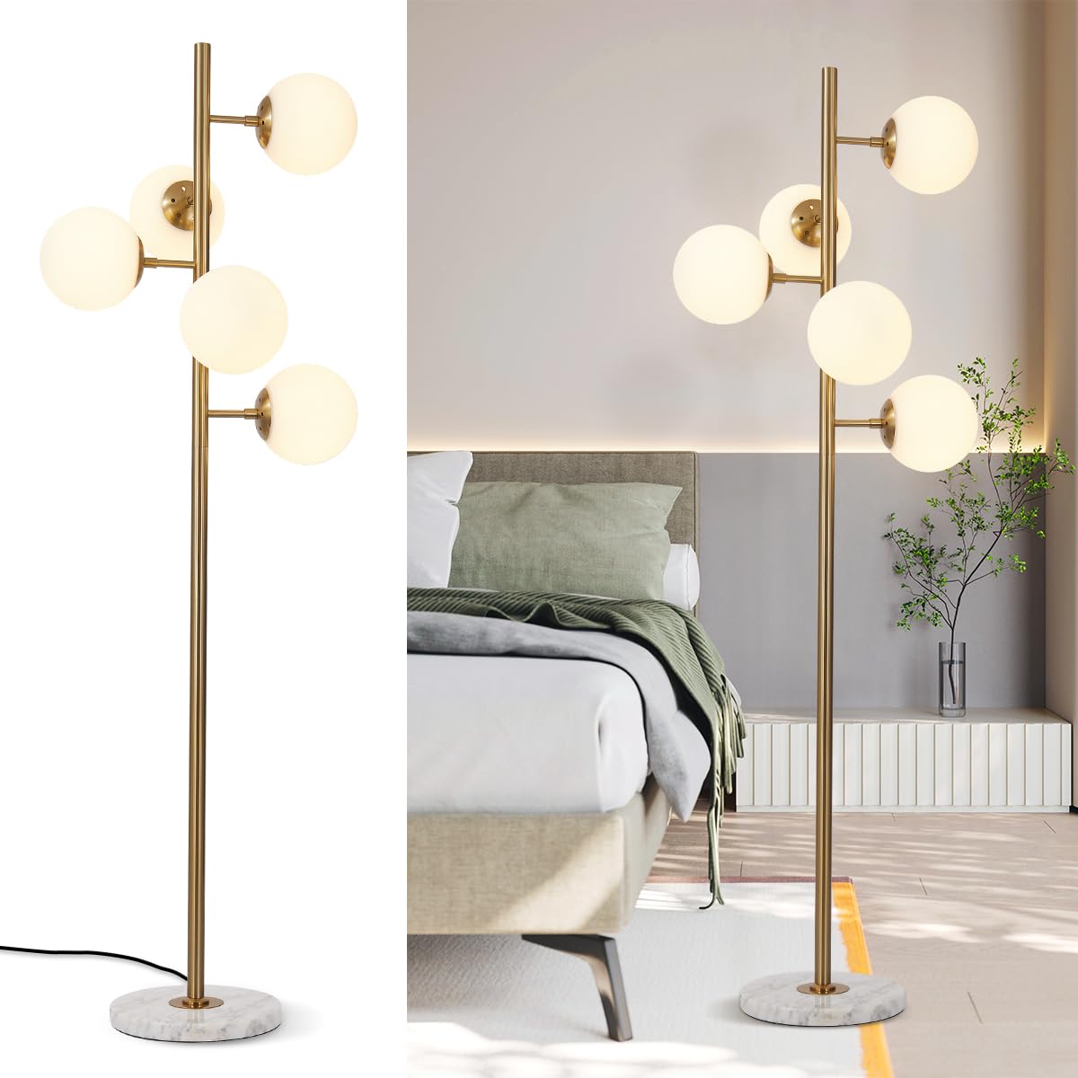 Lighting 5-Light Frosted White Glass Globe Floor Lamp Mid Century Modern  Gold Tall Pole Standing Light LED Standing Lamps with Foot Switch for Home 