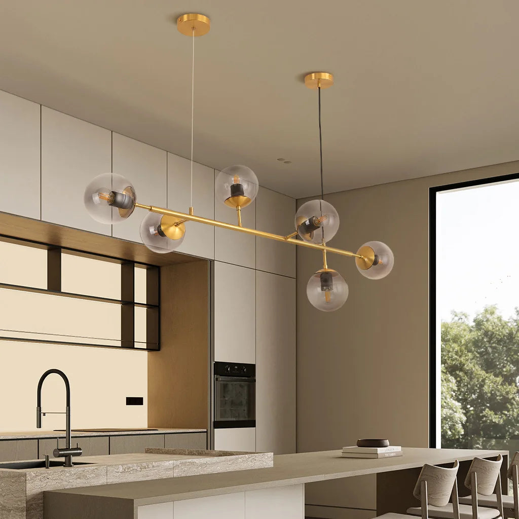 Lampada a sospensione moderna a forma di globo della metà del secolo Lampada a sospensione a sospensione in oro Apparecchio di illuminazione con paralume in vetro Orb per isola cucina