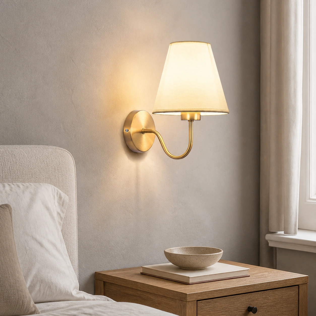 Eryn wall sconce with white fabric shade in a styled interior