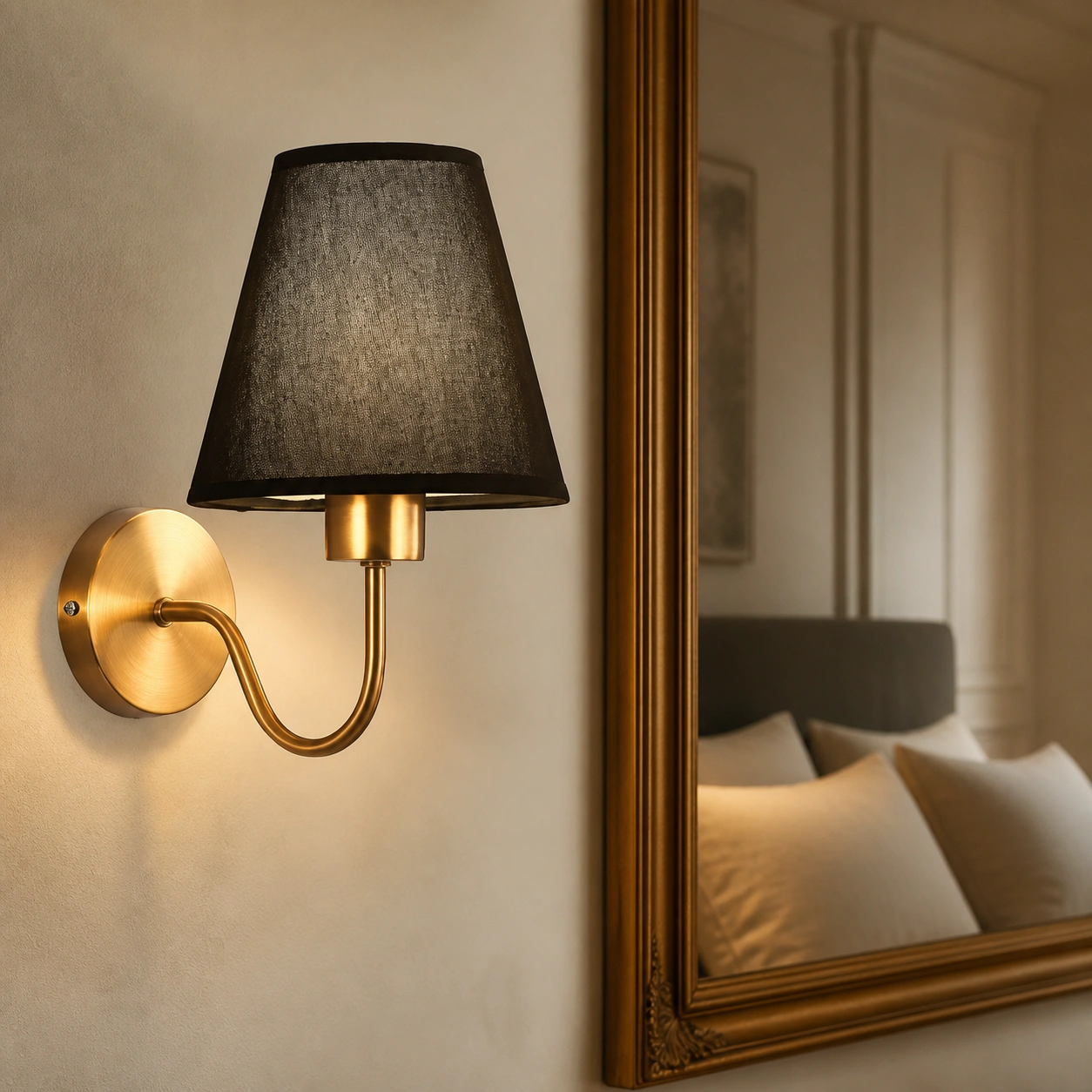 Eryn wall sconce with black fabric shade in a styled interior