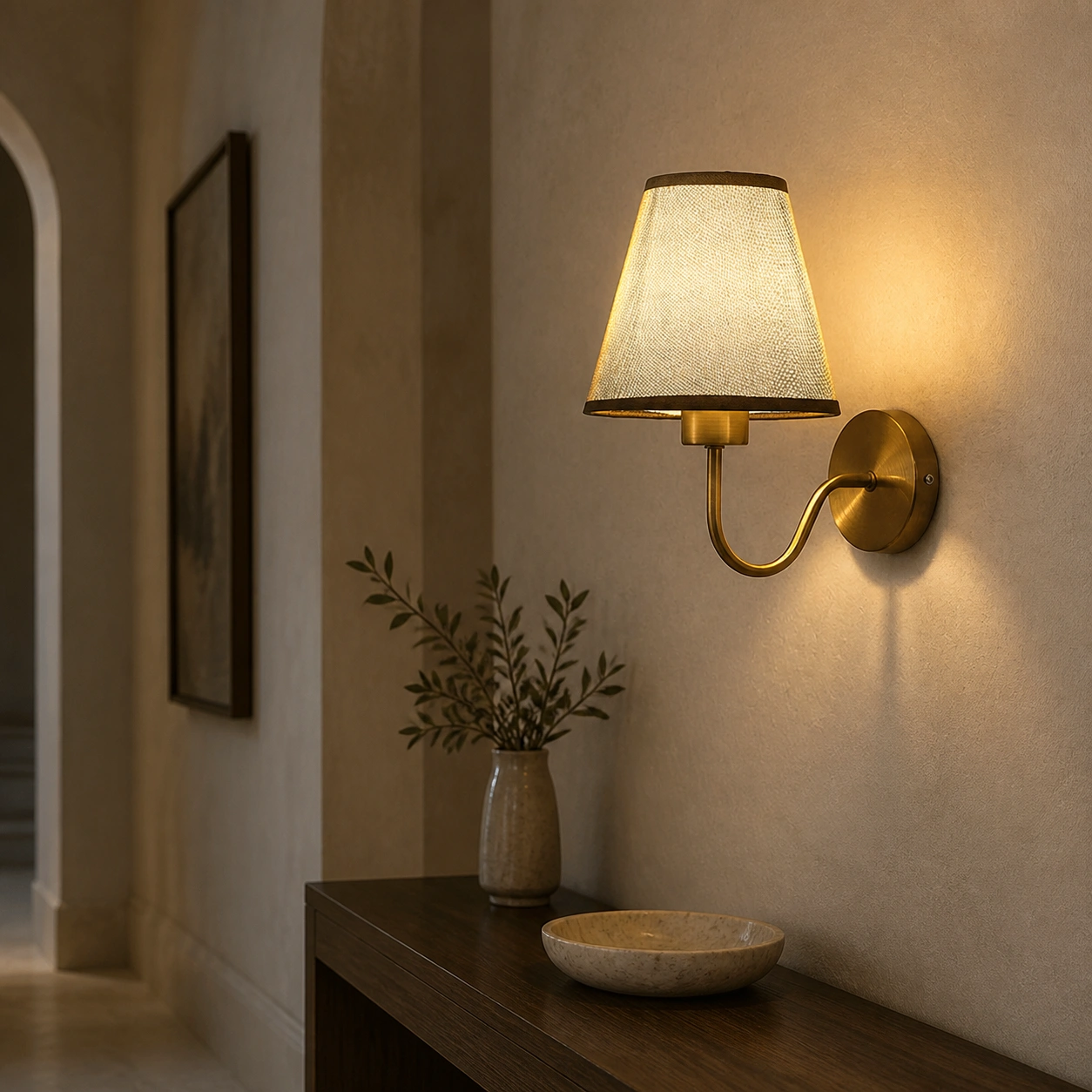 Eryn wall sconce with flaxen fabric shade in a styled interior