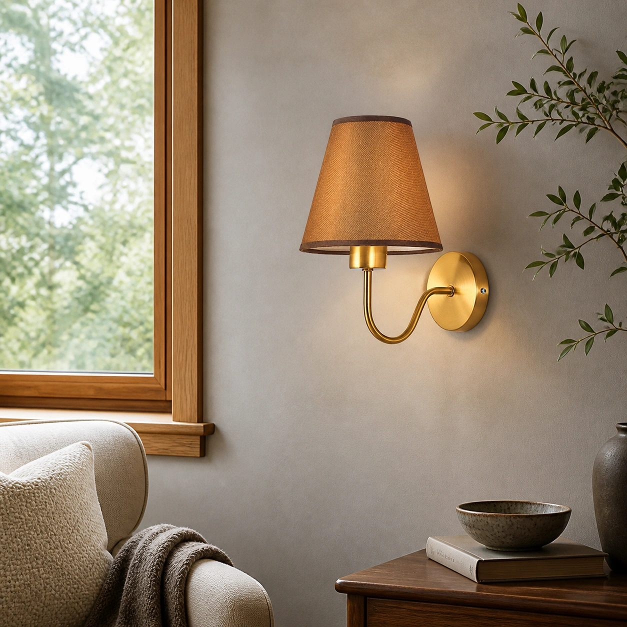 Eryn wall sconce with coffee fabric shade in a styled interior