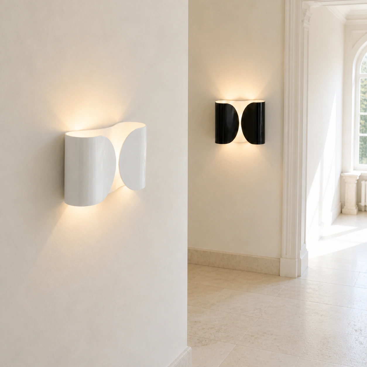 White and Black Foglio Wall Lamps across a bright corridor