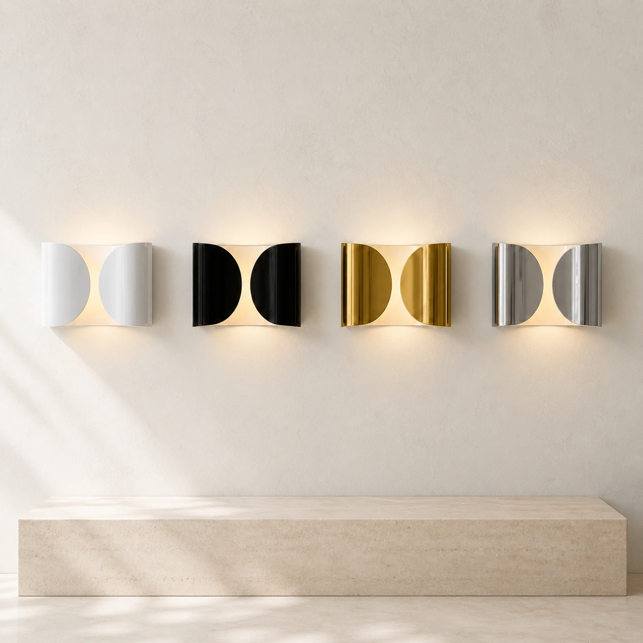 White, Black, Gold and Chrome Foglio Wall Lamps on one gallery wall