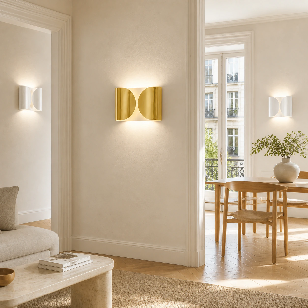 Foglio Wall Lamps linking bright living and dining rooms