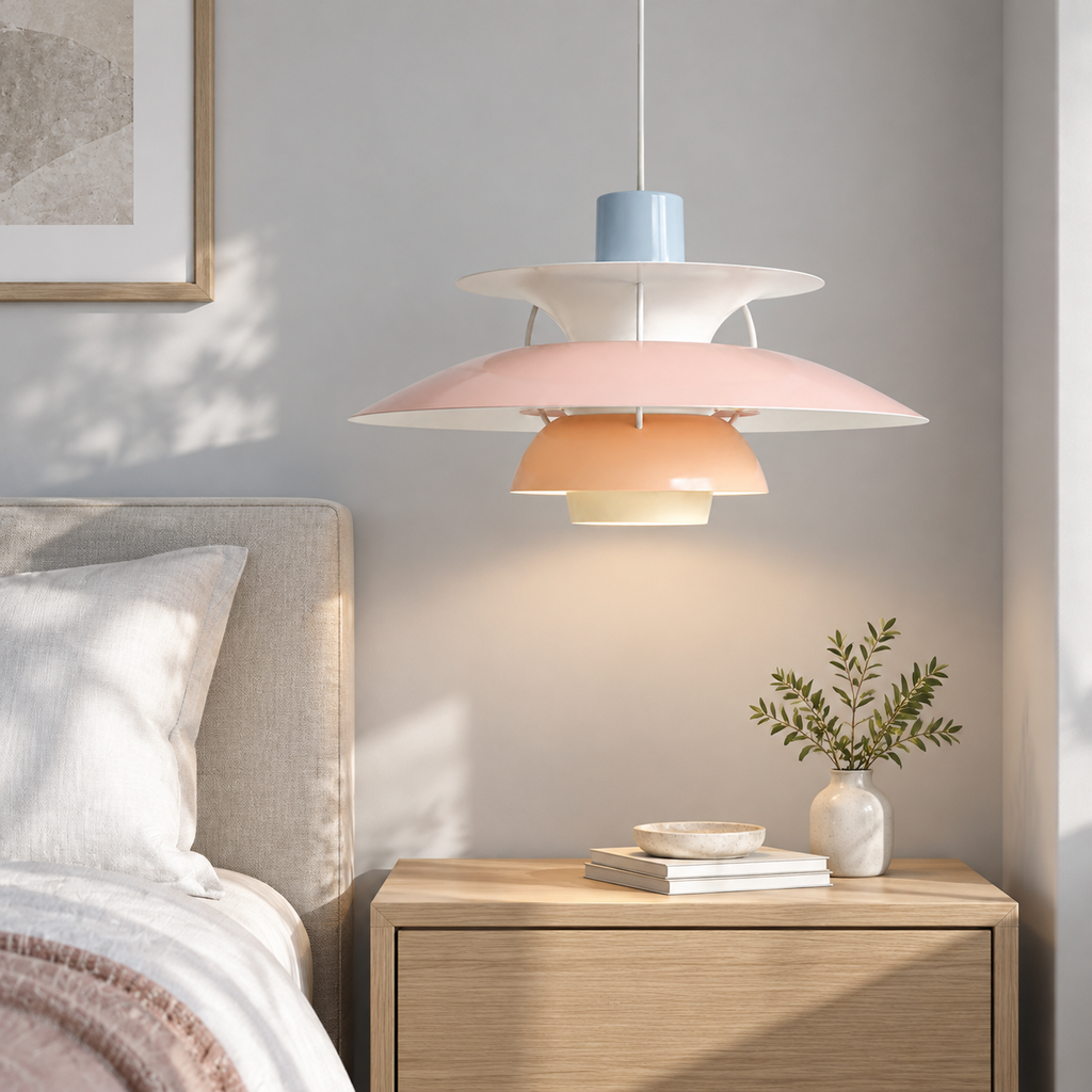 Nordic multi-tiered pendant lamp — Pastels Blue Rose Peach — interior scene