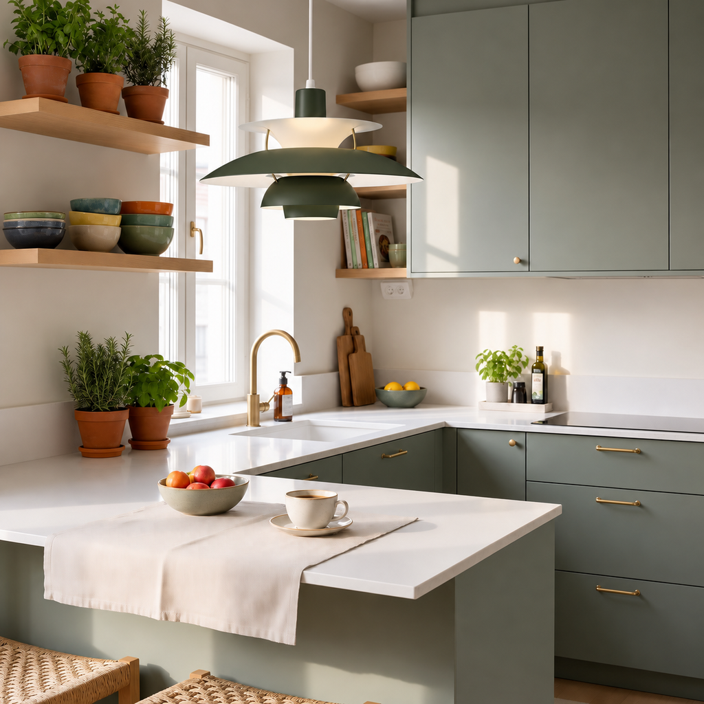 Nordic multi-tiered pendant lamp — Dark Olive — interior scene