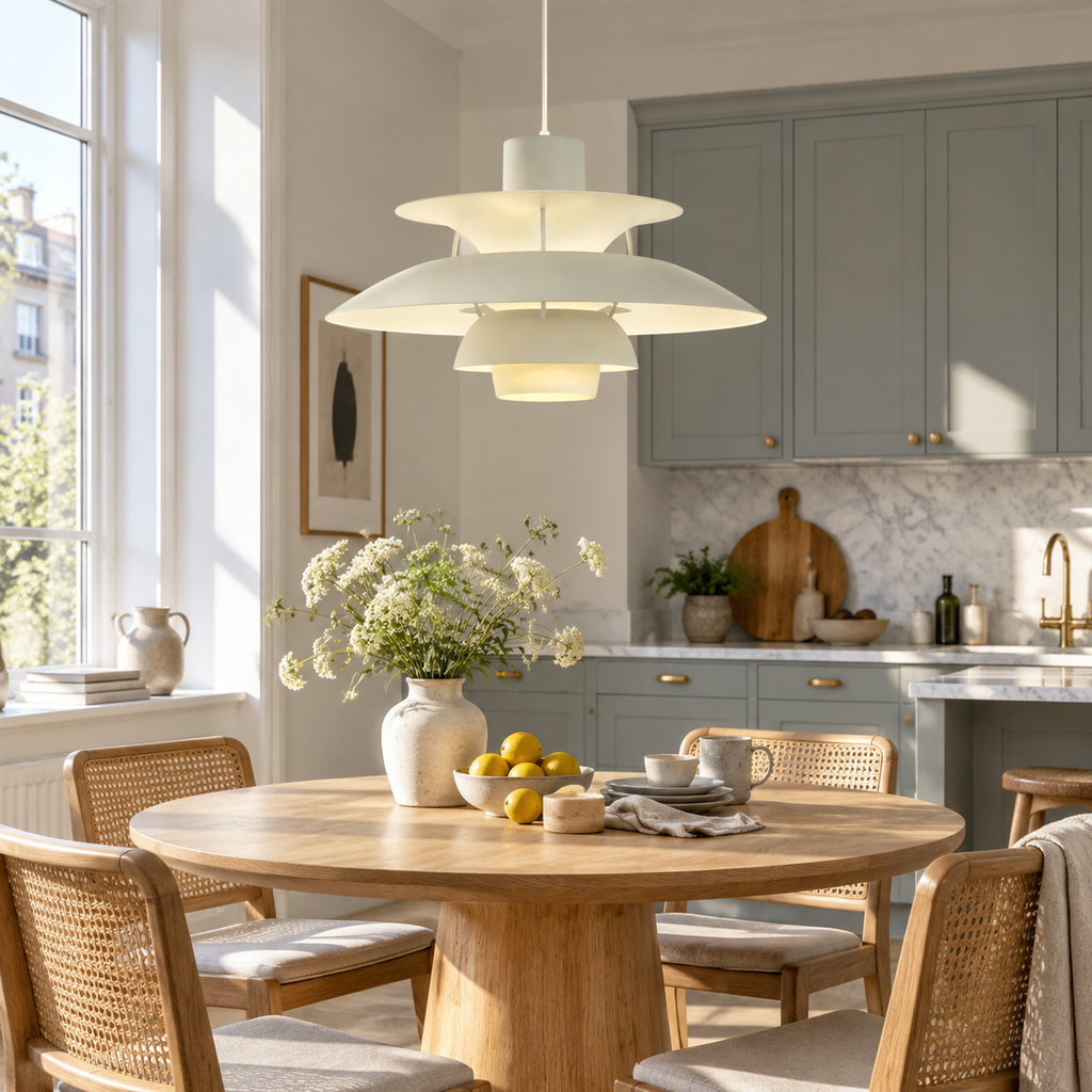 Nordic multi-tiered pendant lamp — Pale Pewter — interior scene