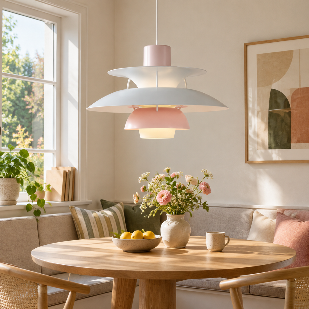 Nordic multi-tiered pendant lamp — Pastels Oyster Blue Rose — interior scene