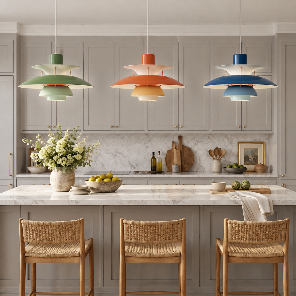 Nordic multi-tiered pendant lamp — Hues of Green, Hues of Orange, Hues of Blue — interior scene