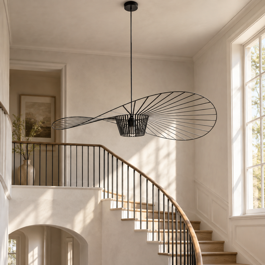 Black ribbon pendant light — 11 stairwell