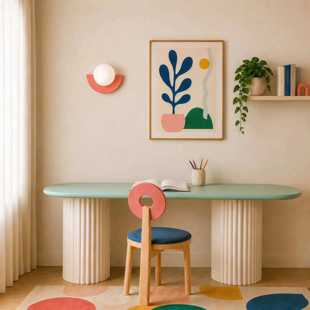 Pink lamp above a writing desk