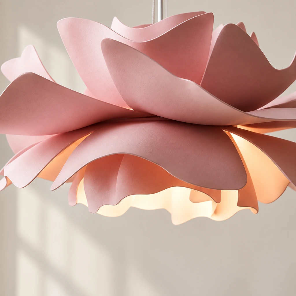 Pink lotus pendant with light filtering between the lower petals