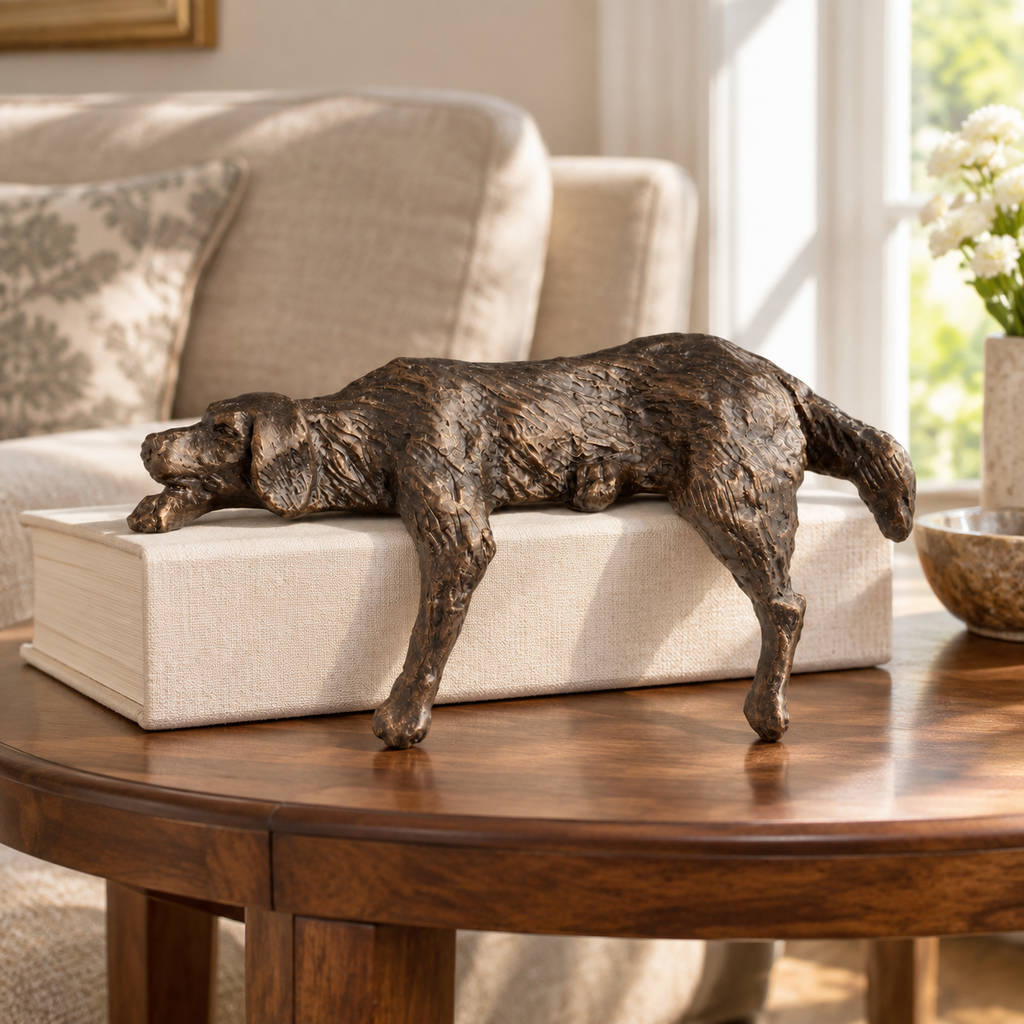 Sculpture Rune de chien couché dans un intérieur doucement éclairé