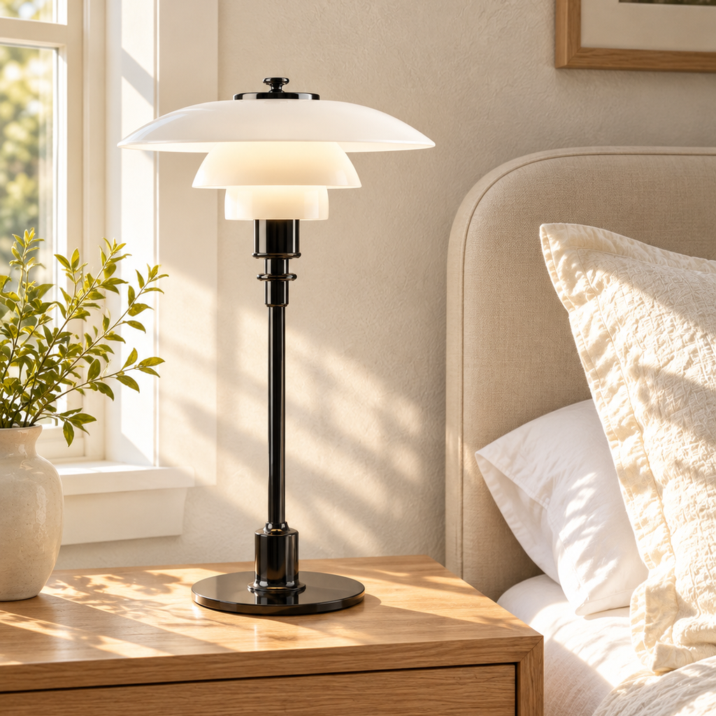 Black Chiron table lamp on a bedside table