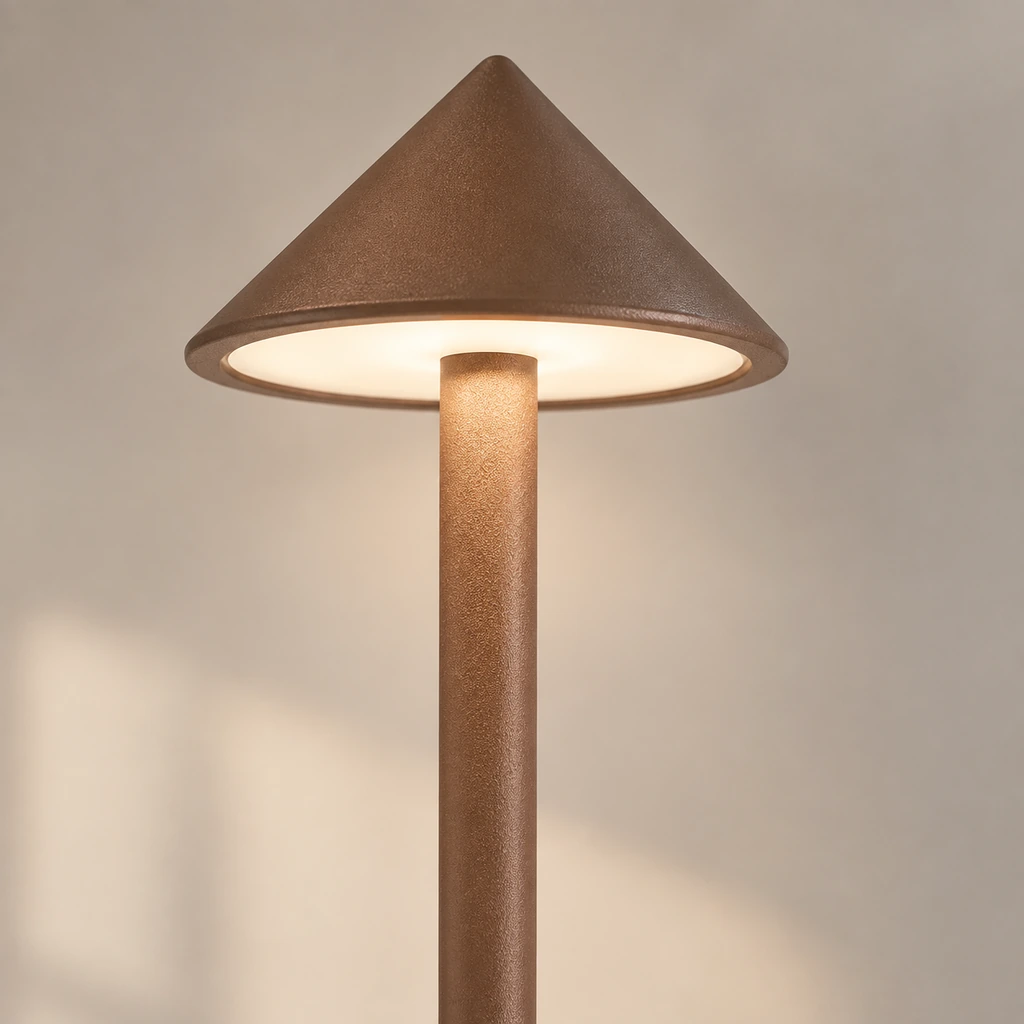 Abat-jour cónico Castanho com o LED integrado aceso em luz quente