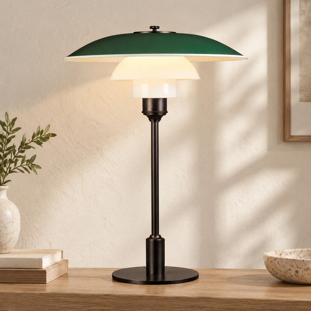 Green Chiron lamp with dark green upper shade and opal lower shades