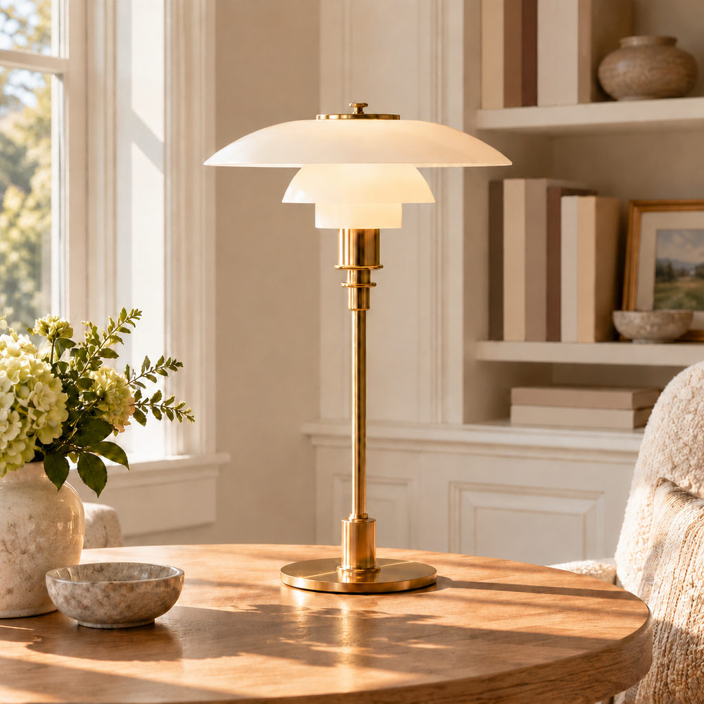 Gold Chiron table lamp on a reading table