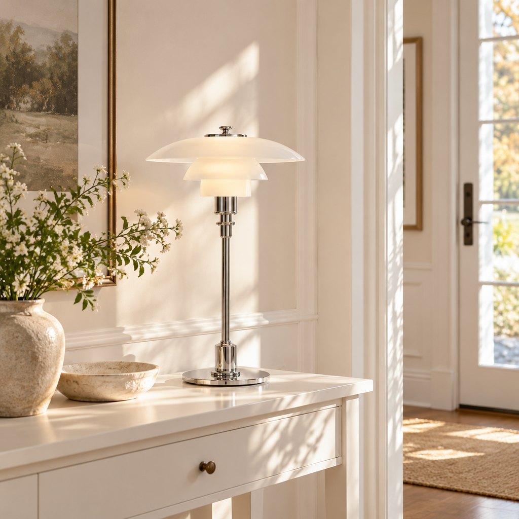 Stainless Steel Chiron lamp on an entrance console
