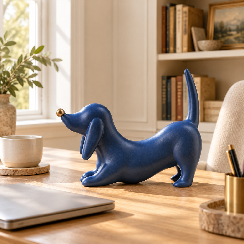 Sculpture Rune de teckel bleu sur un bureau en bois