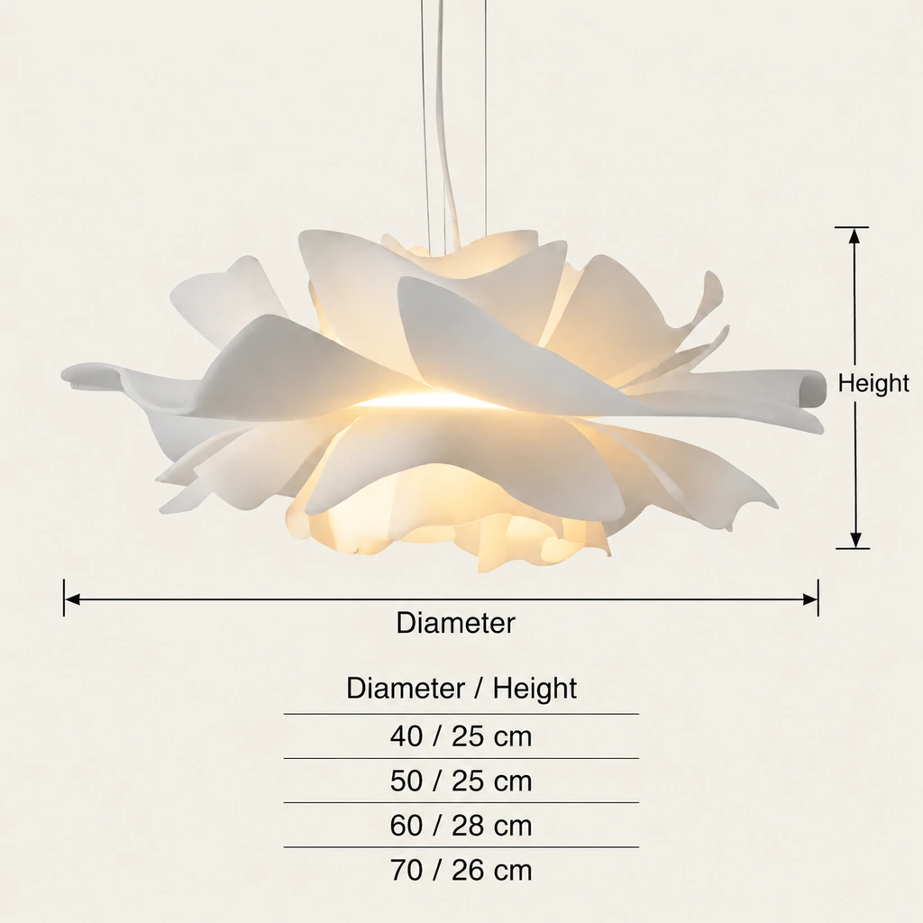 Lotus pendant diameter and shade height: 40 by25,50 by25,60 by28,and70 by26cm