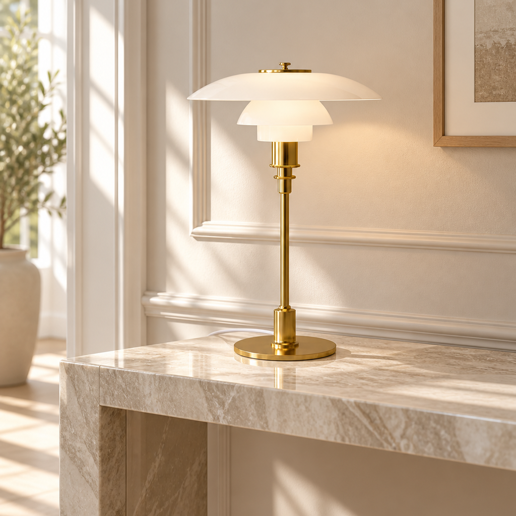 Gold Chiron table lamp on a hallway sideboard