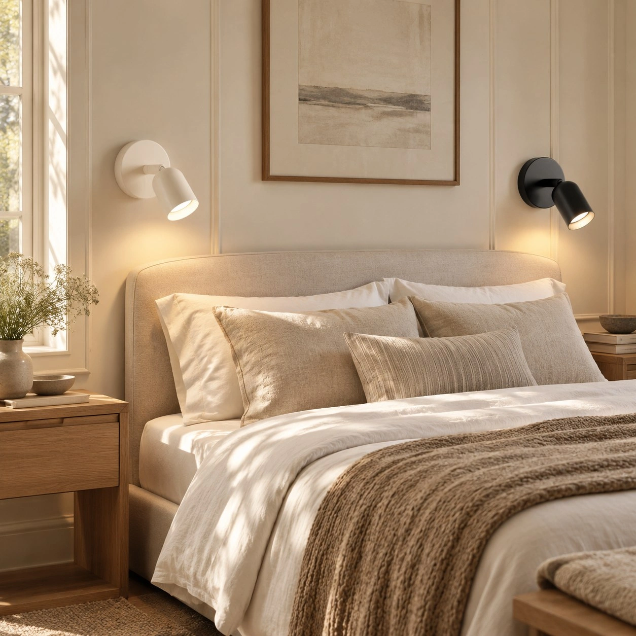 Weiße und schwarze Konig-Wandleuchten neben einem Bett