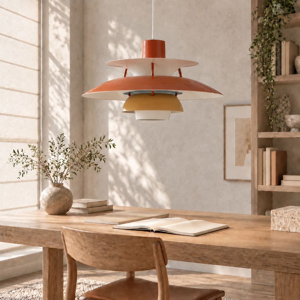 Hues of Orange pendant in a bright interior with the light off