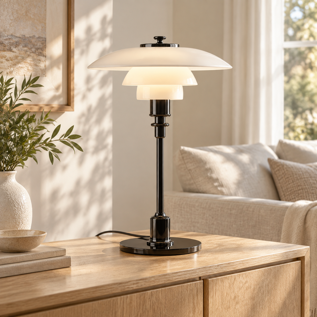 Black Chiron table lamp on a living-room sideboard