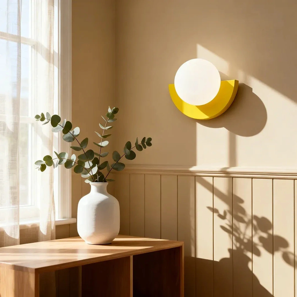 Yellow lamp in natural light above oak cabinet