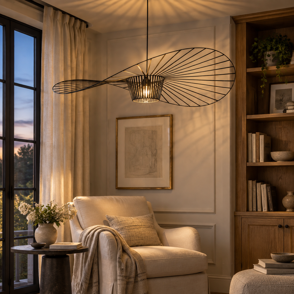 Black ribbon pendant light — 07 reading dusk
