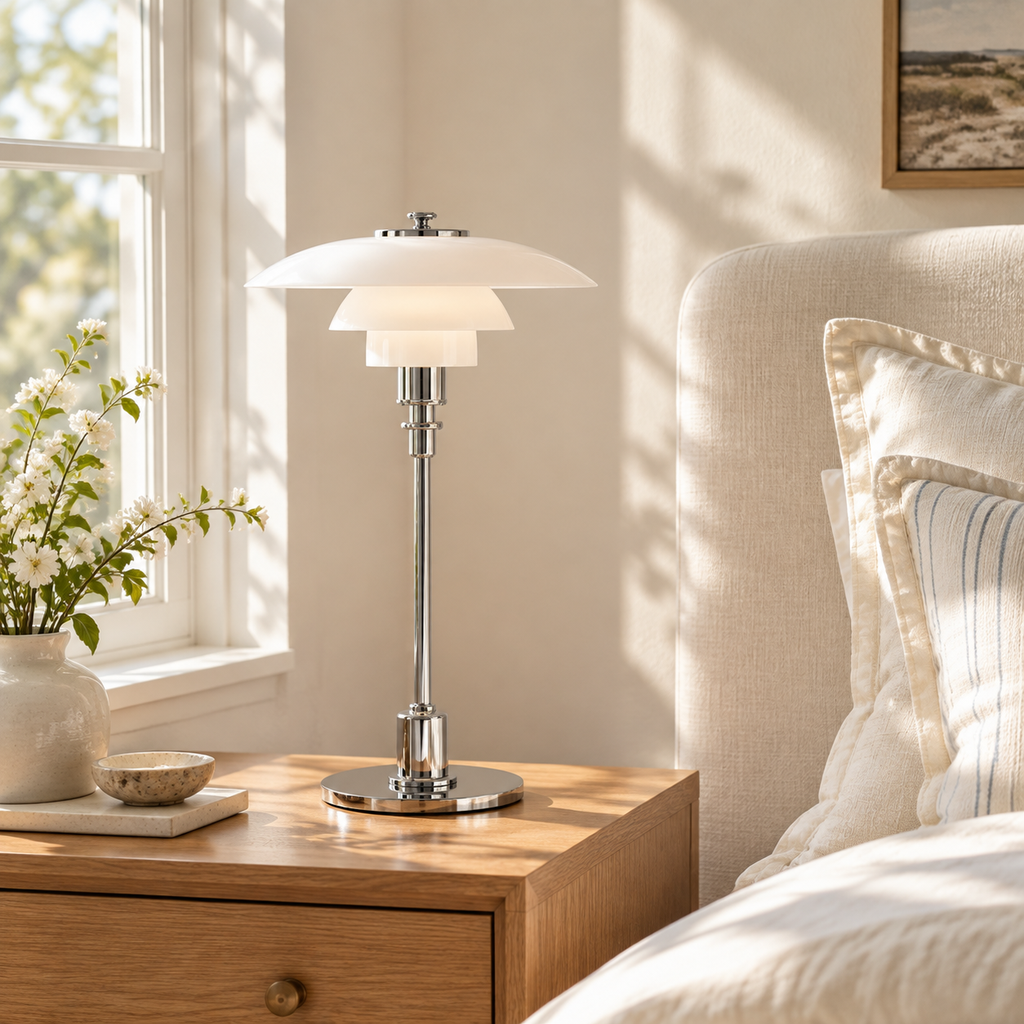 Stainless Steel Chiron table lamp on a bedside table
