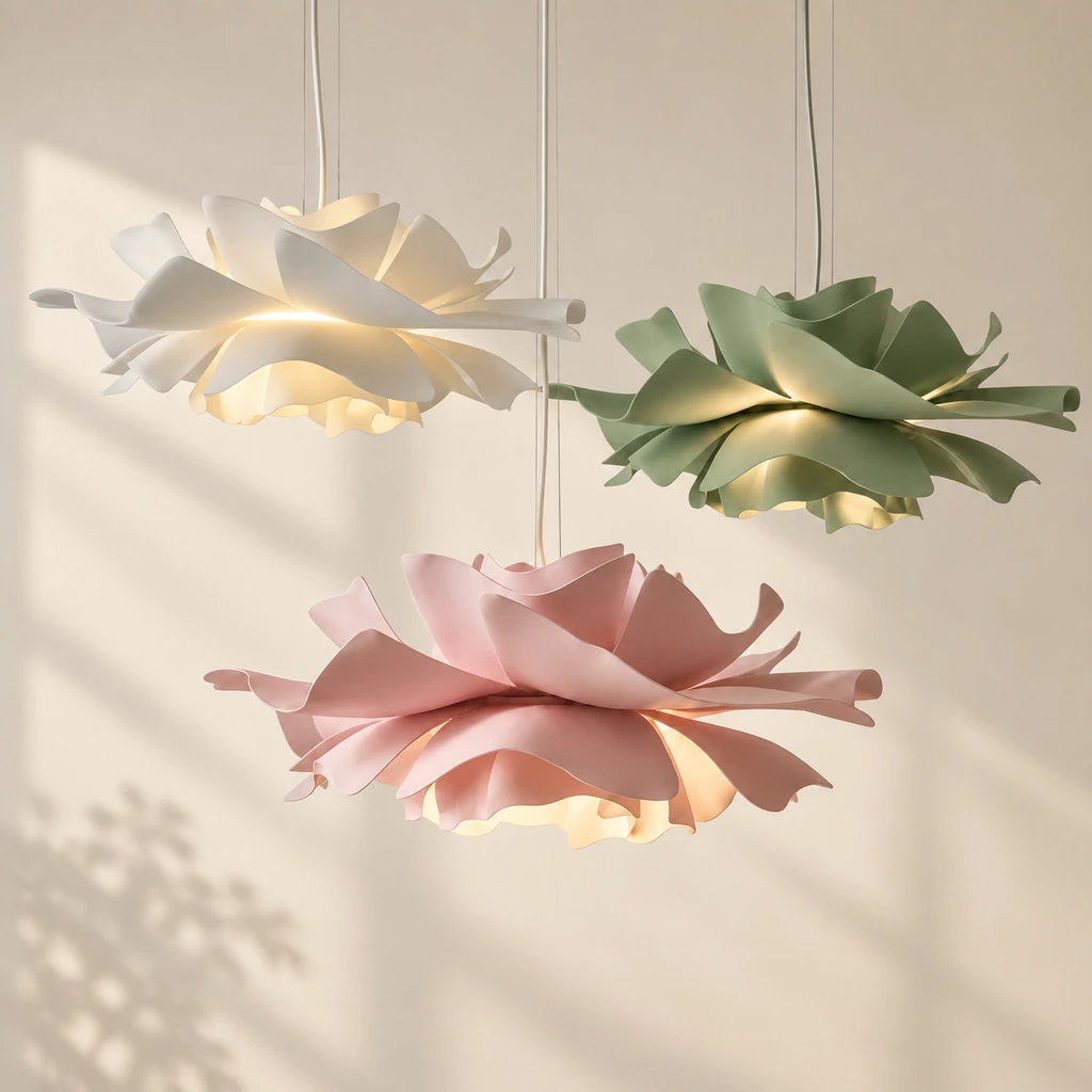 White, Sage Green and Pink lotus pendants in a studio