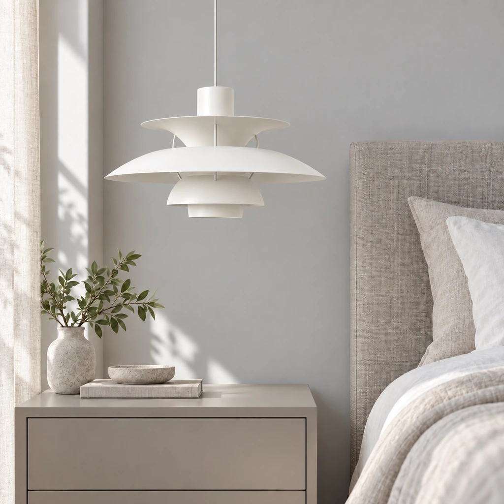 White pendant in a bedroom interior with the light off