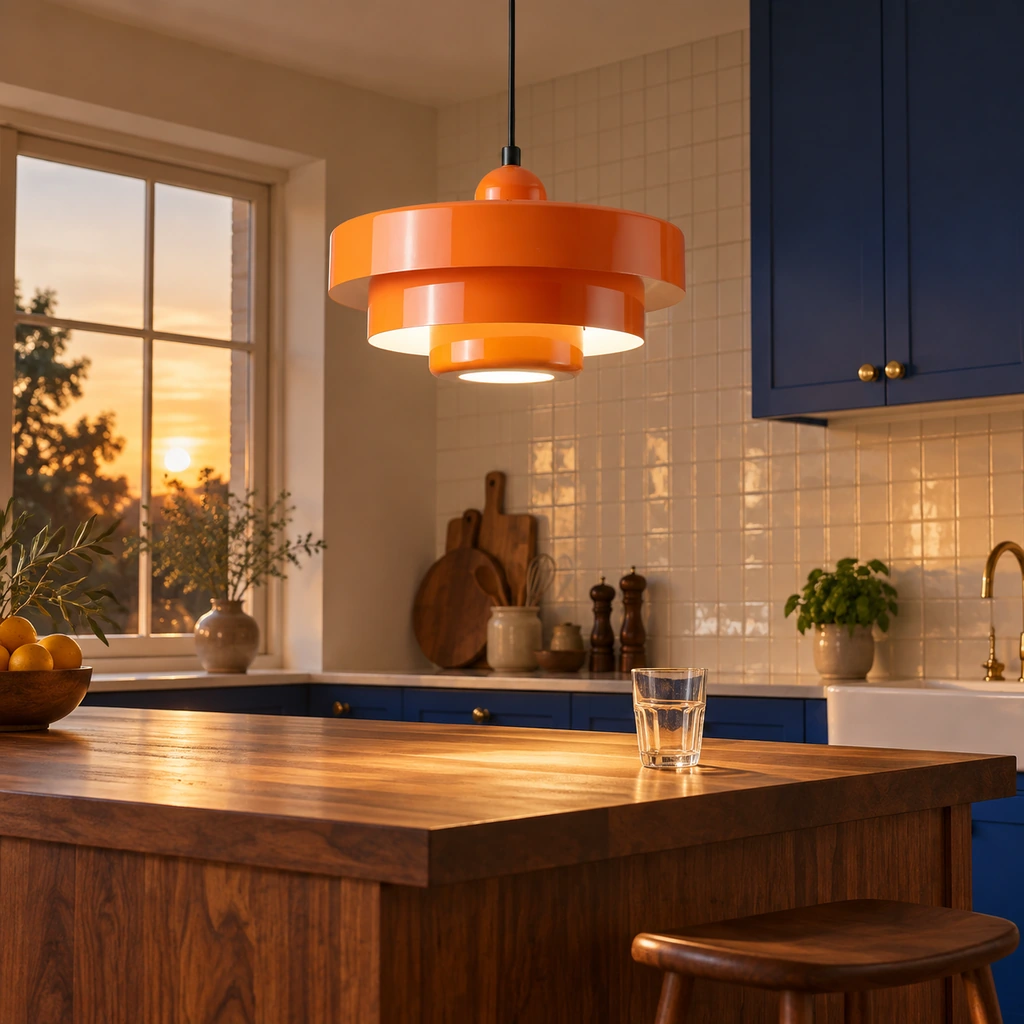 Orange Aetna pendant above a kitchen counter