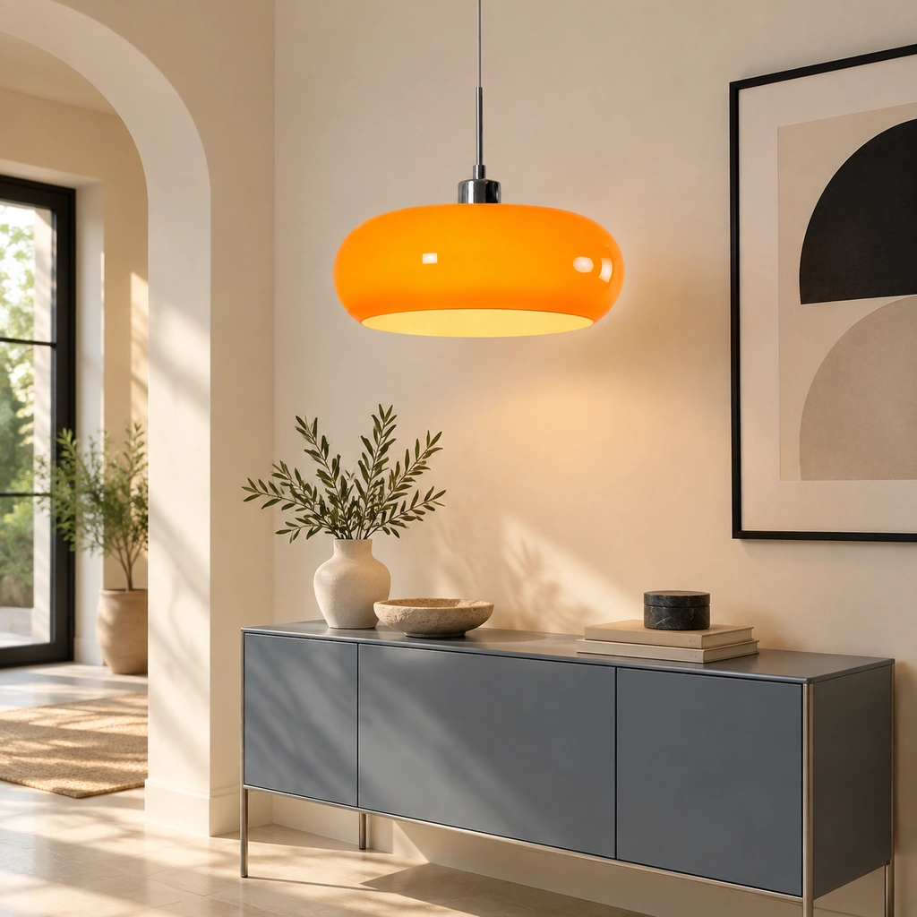 Orange Hailie pendant above a blue-grey console in a Bauhaus interior