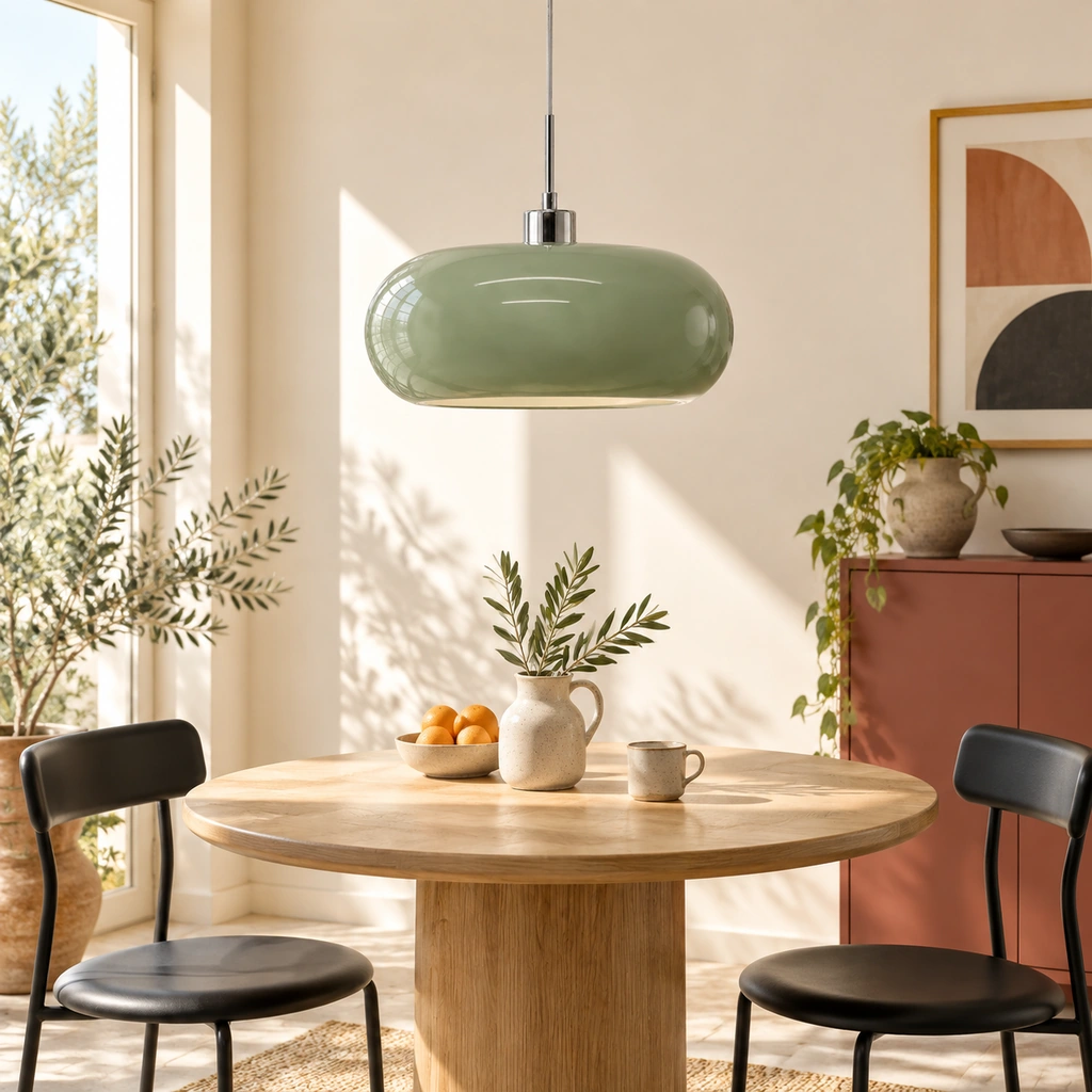 Green Hailie pendant above a round oak breakfast table
