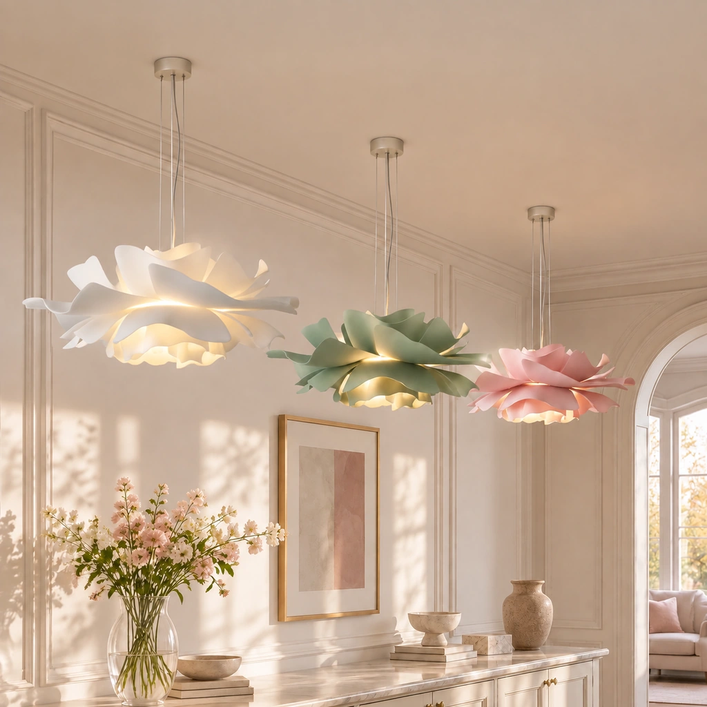 White, Sage Green and Pink lotus pendants above a marble console