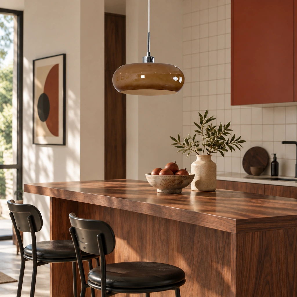 Brown Hailie pendant above a walnut kitchen counter