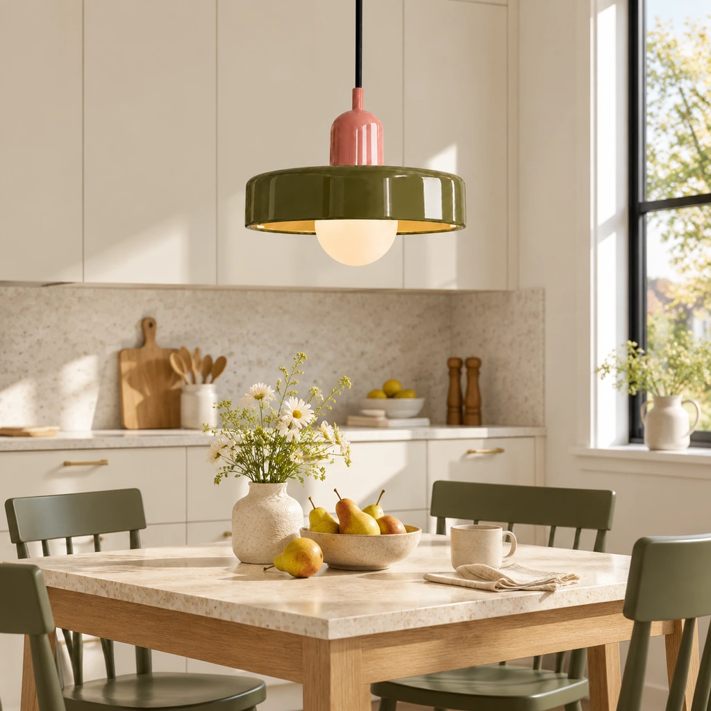 Pink and green pendant above a kitchen table