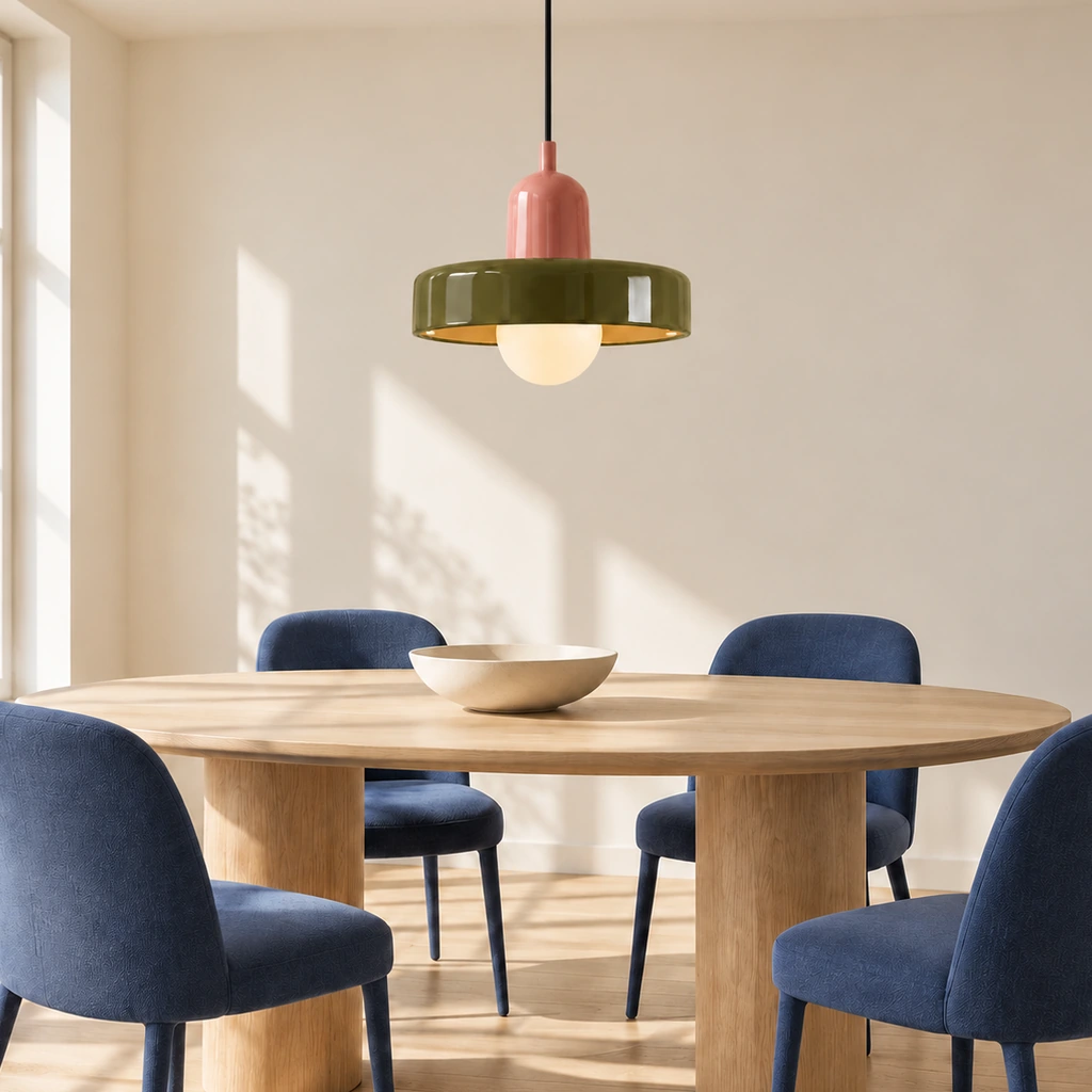 Pink and green Morandi pendant above a dining table