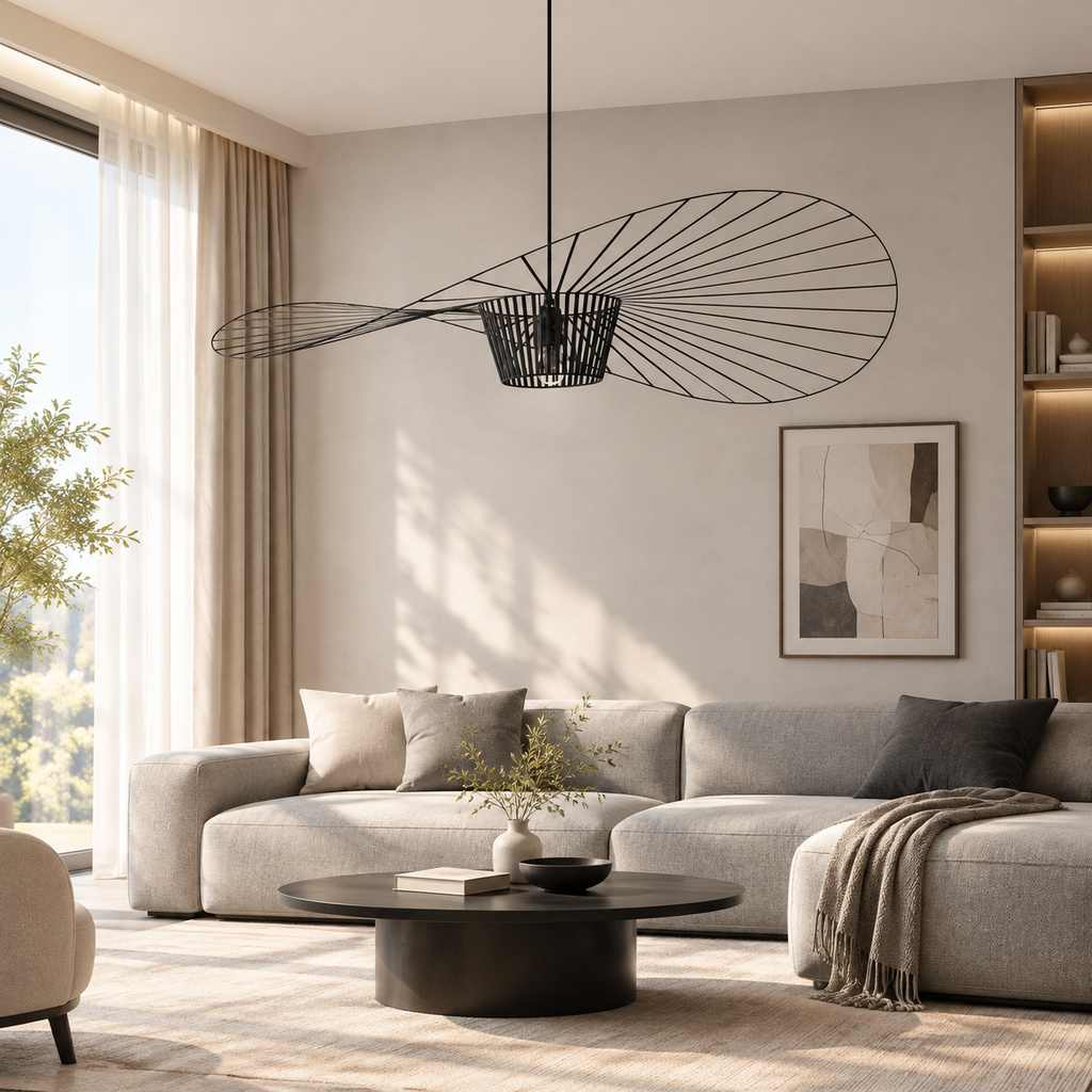Black ribbon pendant in a modern living room