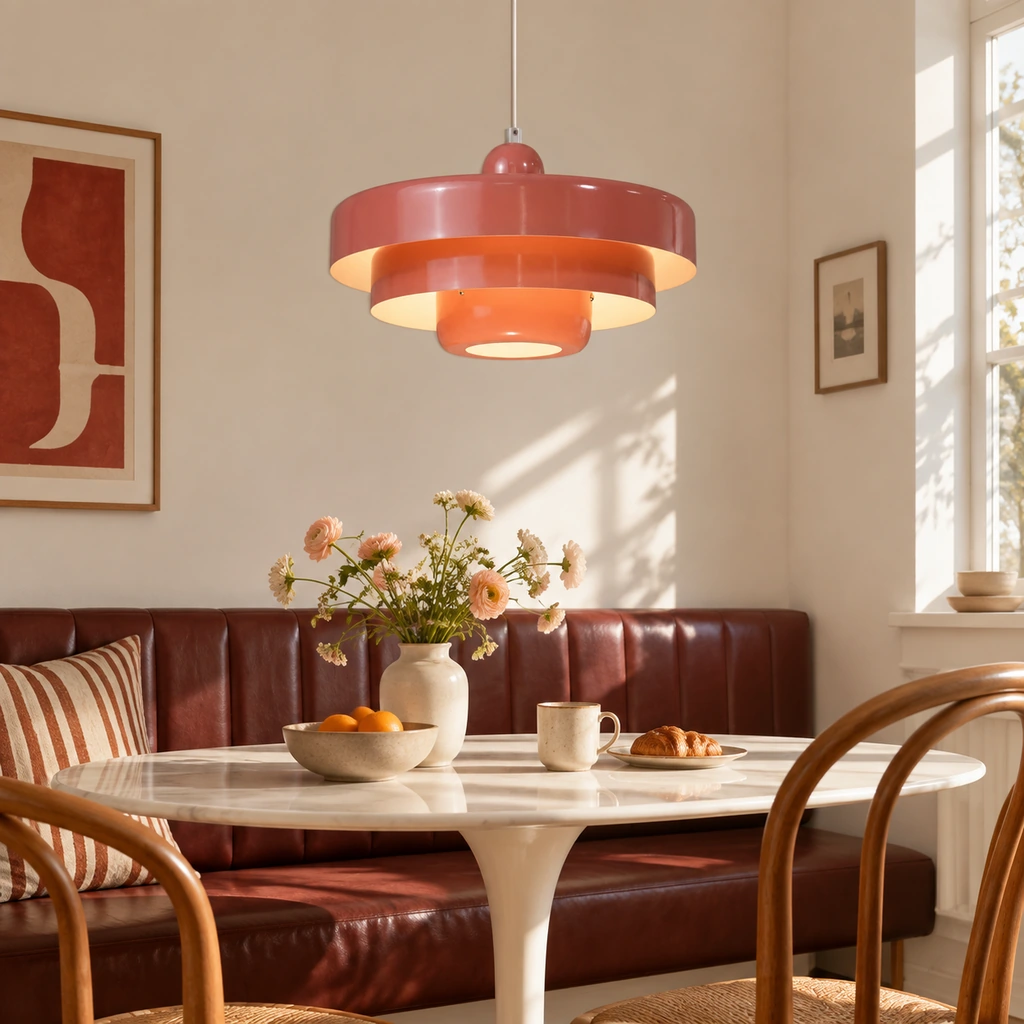 Pink Aetna pendant above a breakfast table