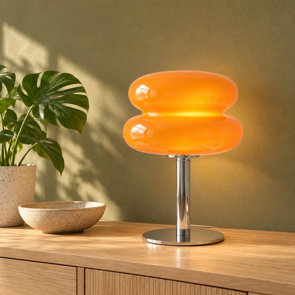 Lampada da tavolo Ripple arancione su una consolle in rovere