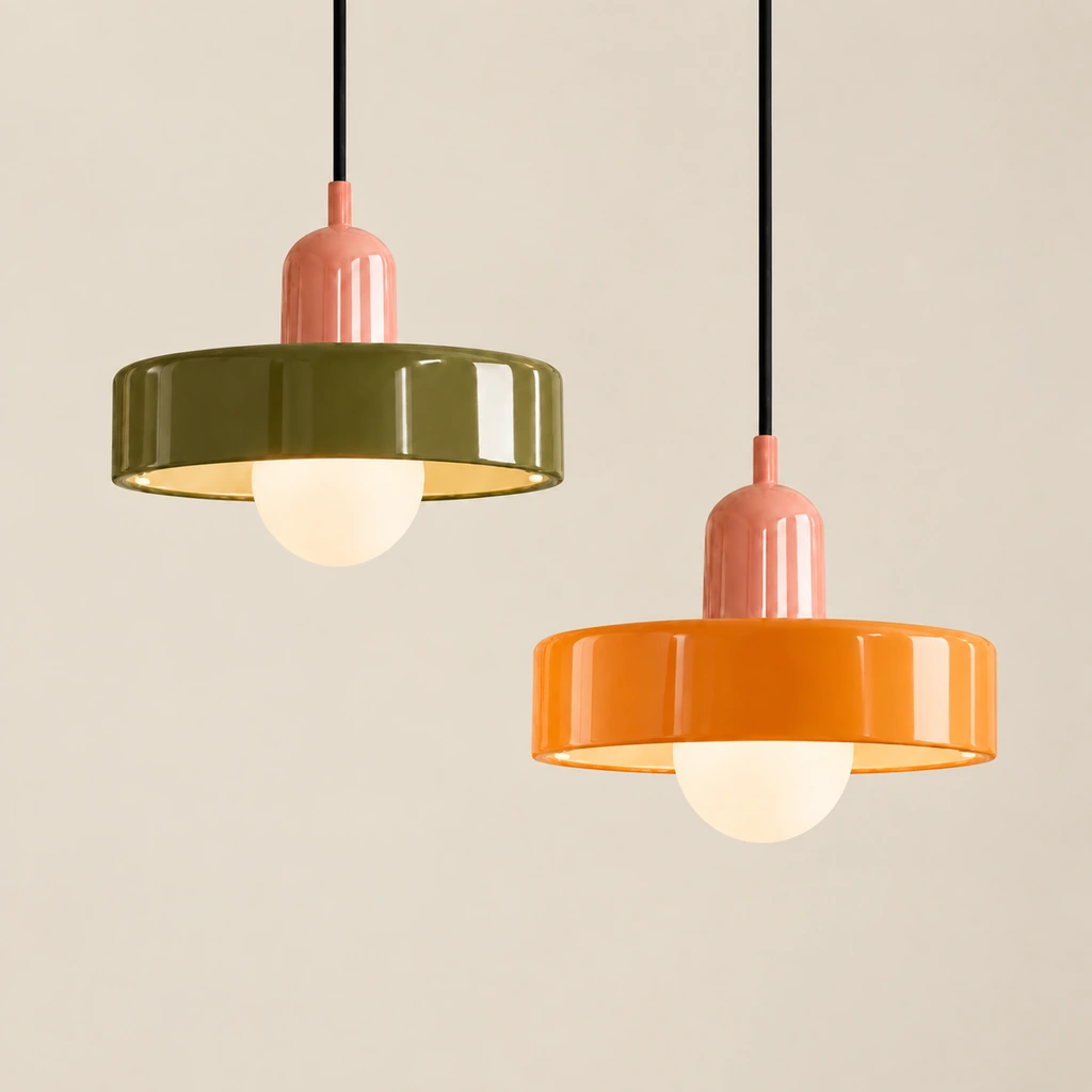 Green and orange disc pendants in an ivory studio